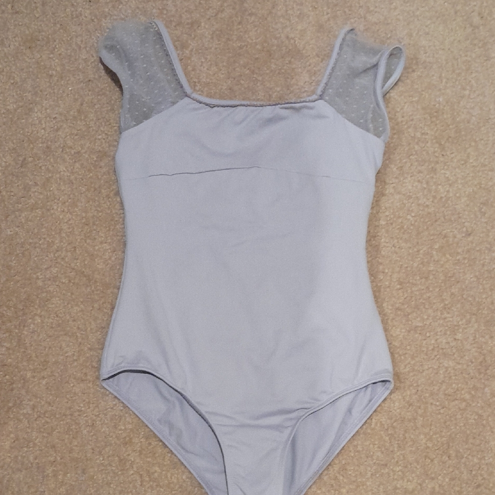 Lavender Mirella Girls Ballet Leotard with Sheer Dot Cap Sleeves, Size 12